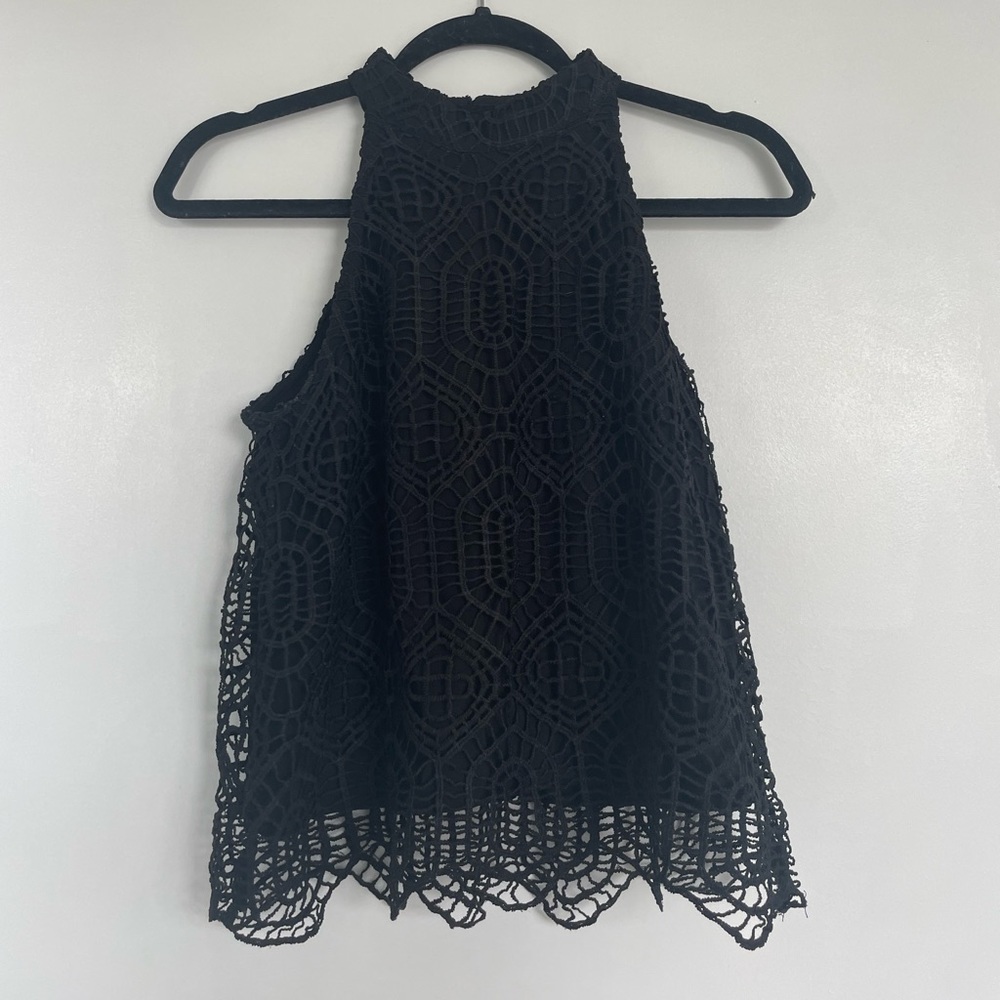 JOA Crochet Mock Neck Crop Top: Black, Medium